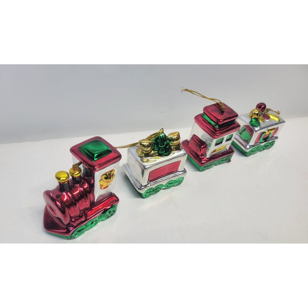 Set of‎ 4 Christmas Train Ornaments Red Silver Green Shiny Vintage Style